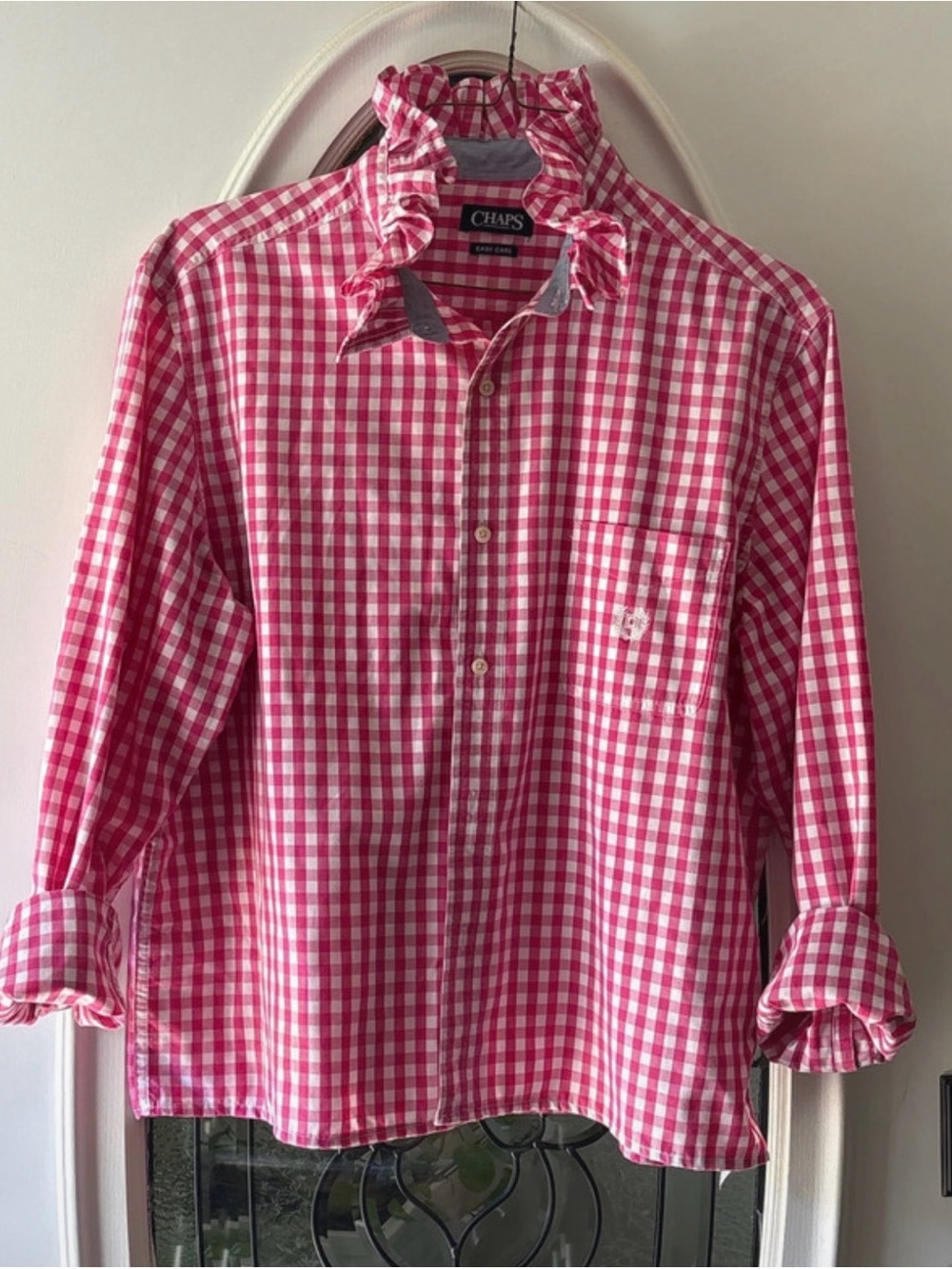 Reworked to relove Chaps Pink Gingham Ruffle Collar Button-Down Shirt